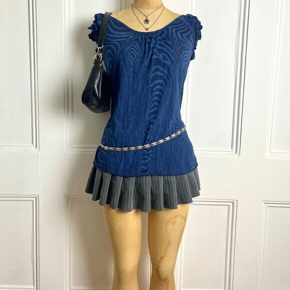 Testament Blue/Navy retro printed y2k short sleeve top with ruffled sleeves S - Picture 3 of 6